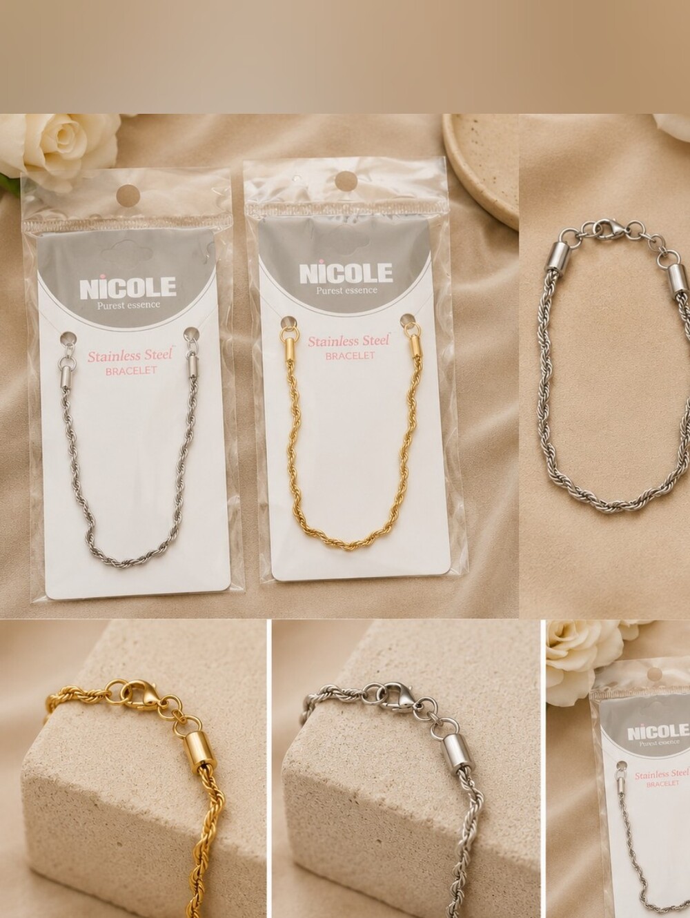 Nicole Stainless Steel Rope Chain Bracelet โ Gold or Silver